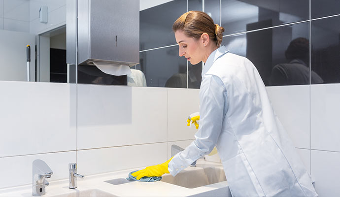 A clean modern commercial restroom with polished sinks.