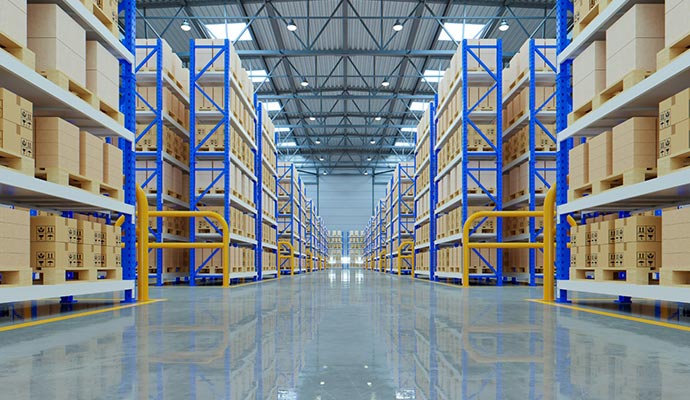 A vast warehouse with blue racks and polished floors.