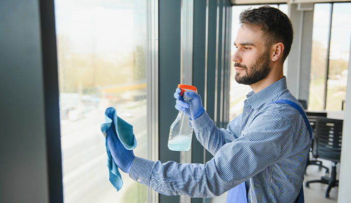 A cleaner using a spray bottle on large office windows.