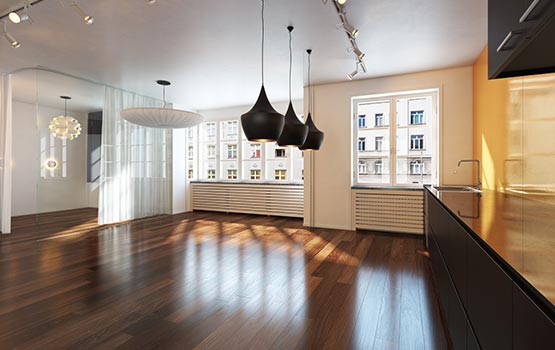 clean wood floor in a house kitchen area