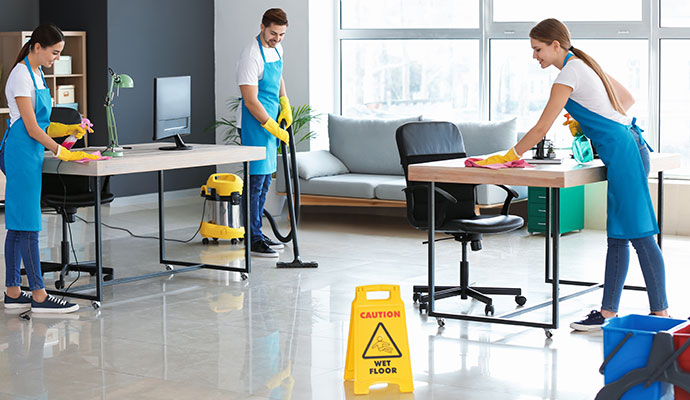 Team of professionals cleaning an office interior