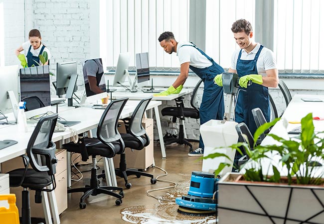 Professional workers are cleaning office