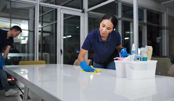 Experts cleaning desks in an office space during nighttime
