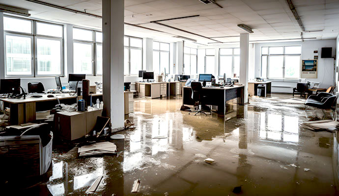 A flooded commercial office space with standing water.