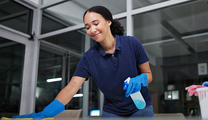 Woman wiping surface with spray bottle and gloves